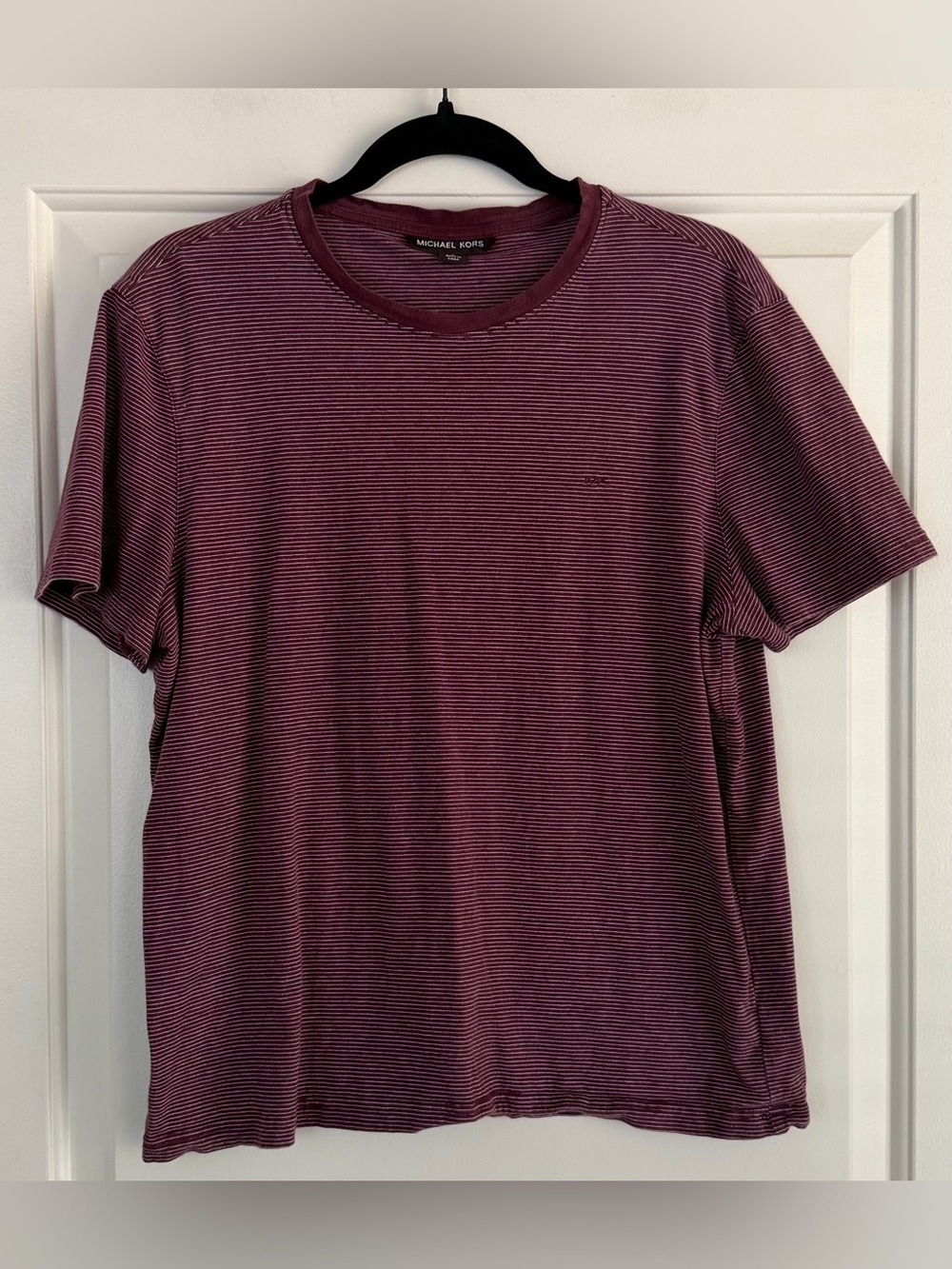 Michael Kors Men's Maroon and White Thin-Striped Crewneck Tee-100% Cotton